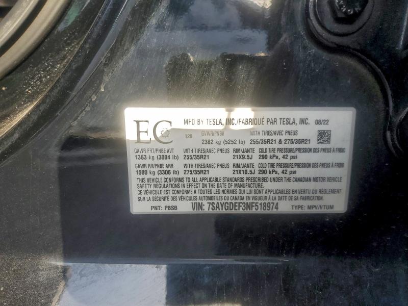 Auction sale of the 2022 Tesla Model Y, vin: 7SAYGDEF3NF518974, lot number: 95196535
