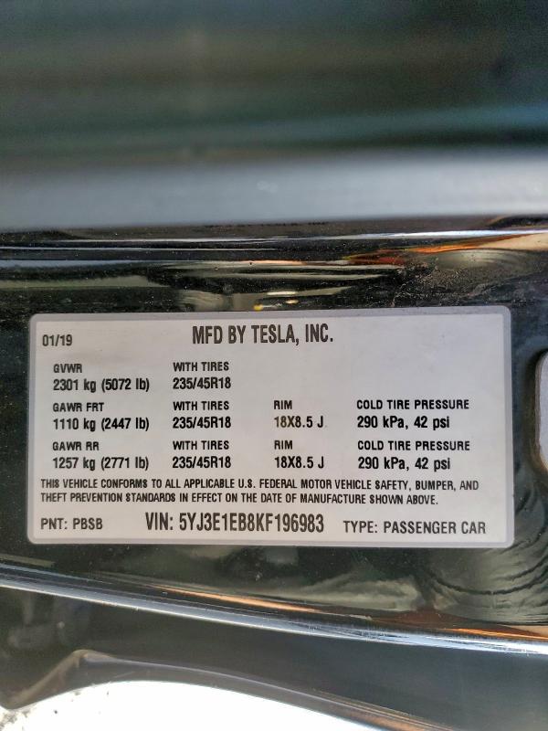 97795255 :رقم المزاد ، 5YJ3E1EB8KF196983 vin ، 2019 Tesla Model 3 مزاد بيع