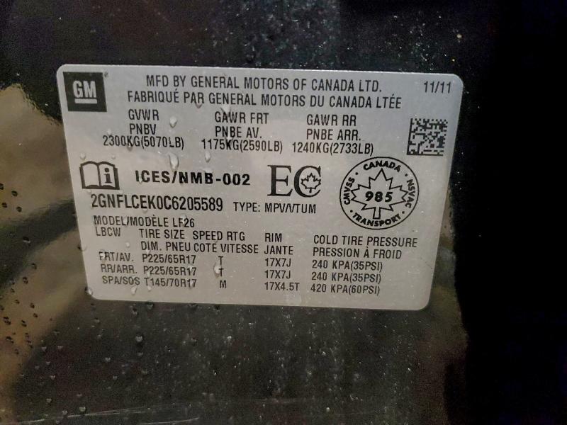 Aukcja sprzedaży 2012 Chevrolet Equinox Ls, vin: 2GNFLCEK0C6205589, numer aukcji: 96693785