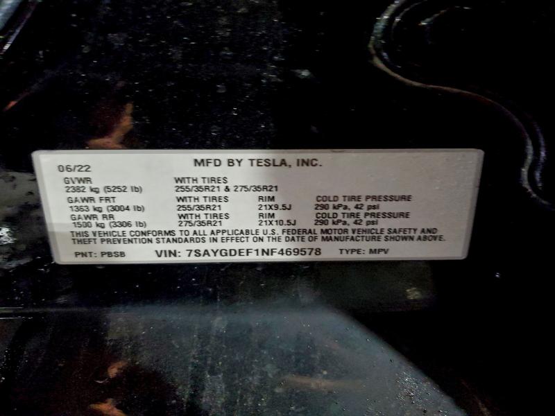 Продаж на аукціоні авто 2022 Tesla Model Y, vin: 7SAYGDEF1NF469578, номер лоту: 95207595