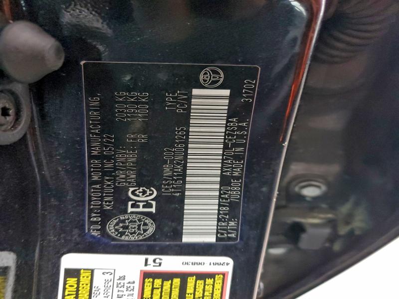 Aukcja sprzedaży 2022 Toyota Camry Se, vin: 4T1G11AK2NU061265, numer aukcji: 97619205