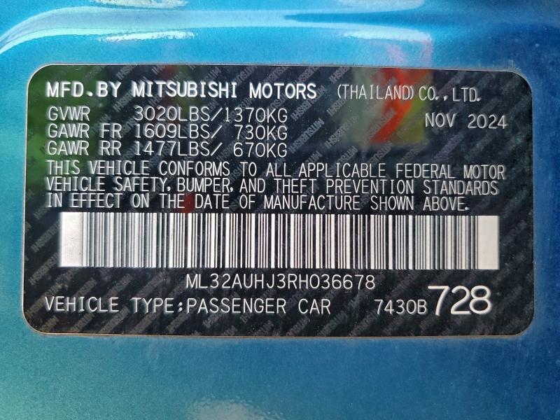 Продаж на аукціоні авто 2024 Mitsubishi Mirage Es, vin: ML32AUHJ3RH036678, номер лоту: 94048565