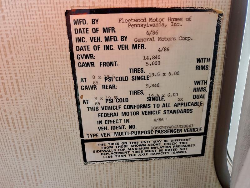 95901275 :رقم المزاد ، 1GBKP37W0G3320643 vin ، 1986 Chevrolet P Series مزاد بيع