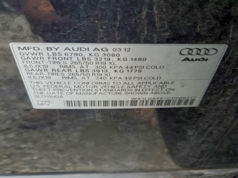 97607285 :رقم المزاد ، WA1LGAFE7CD008377 vin ، 2012 Audi Q7 مزاد بيع