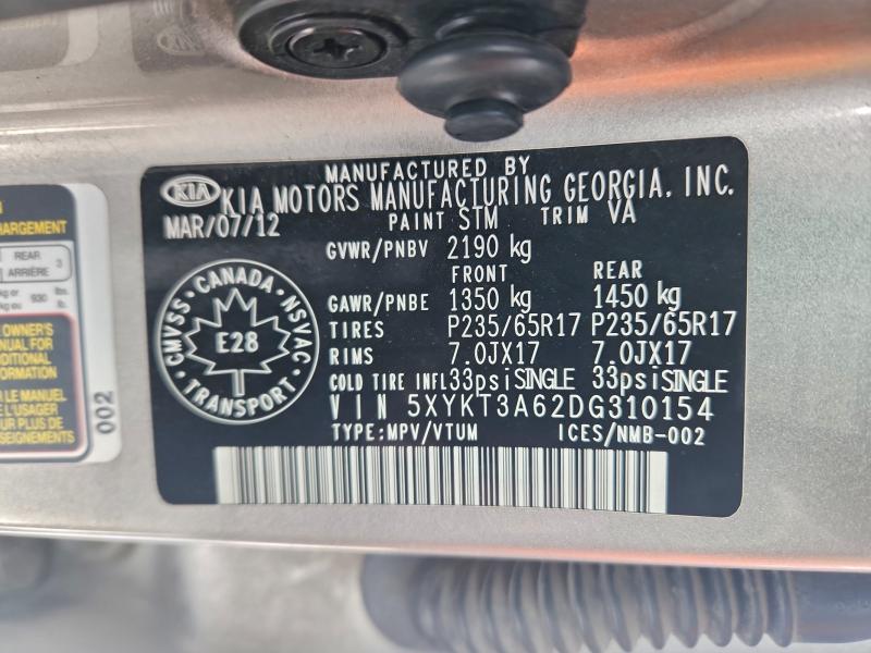 2013 Kia Sorento Lx მანქანა იყიდება აუქციონზე, vin: 5XYKT3A62DG310154, აუქციონის ნომერი: 95980525