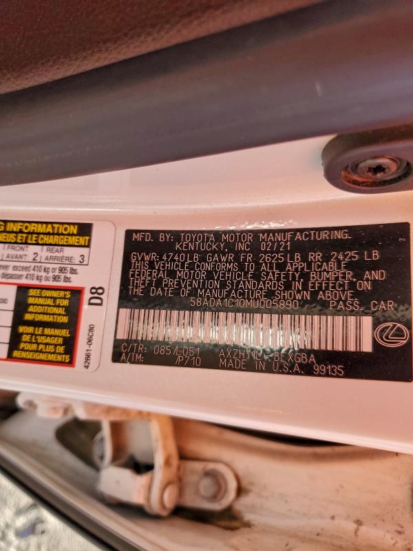 94547865 :رقم المزاد ، 58ADA1C10MU005890 vin ، 2021 Lexus Es مزاد بيع