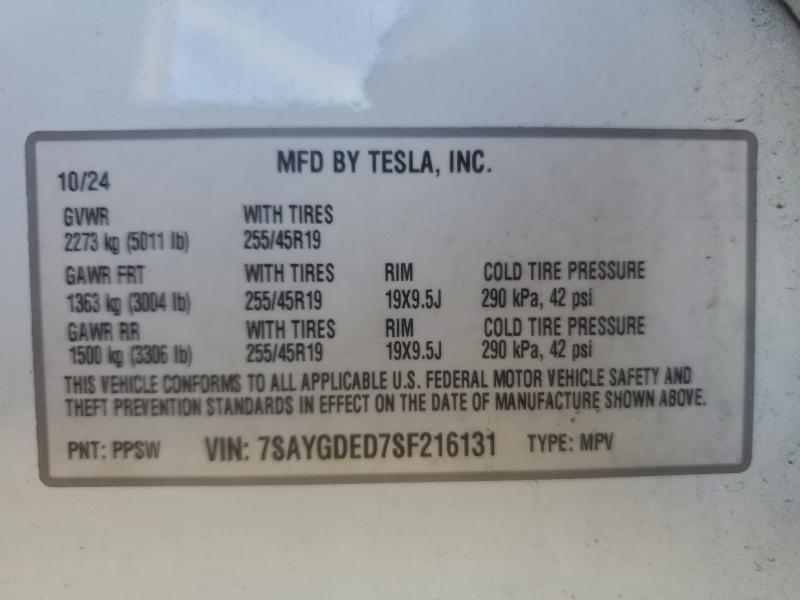 Aukcja sprzedaży 2025 Tesla Model Y, vin: 7SAYGDED7SF216131, numer aukcji: 96709135