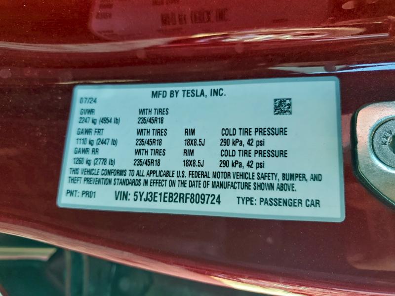 Aukcja sprzedaży 2024 Tesla Model 3, vin: 5YJ3E1EB2RF809724, numer aukcji: 96135495