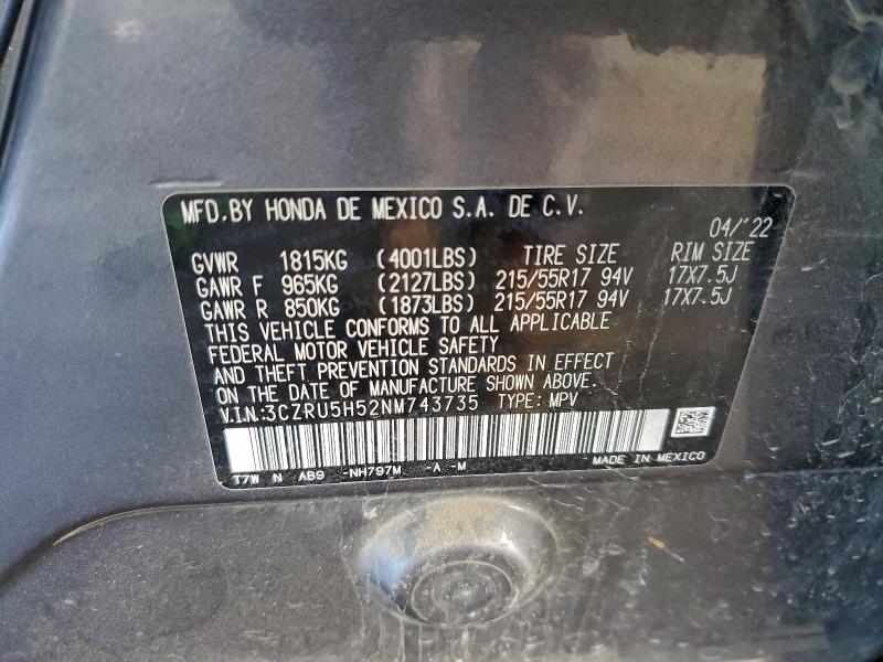 2022 Honda Hr-v მანქანა იყიდება აუქციონზე, vin: 3CZRU5H52NM743735, აუქციონის ნომერი: 97365125