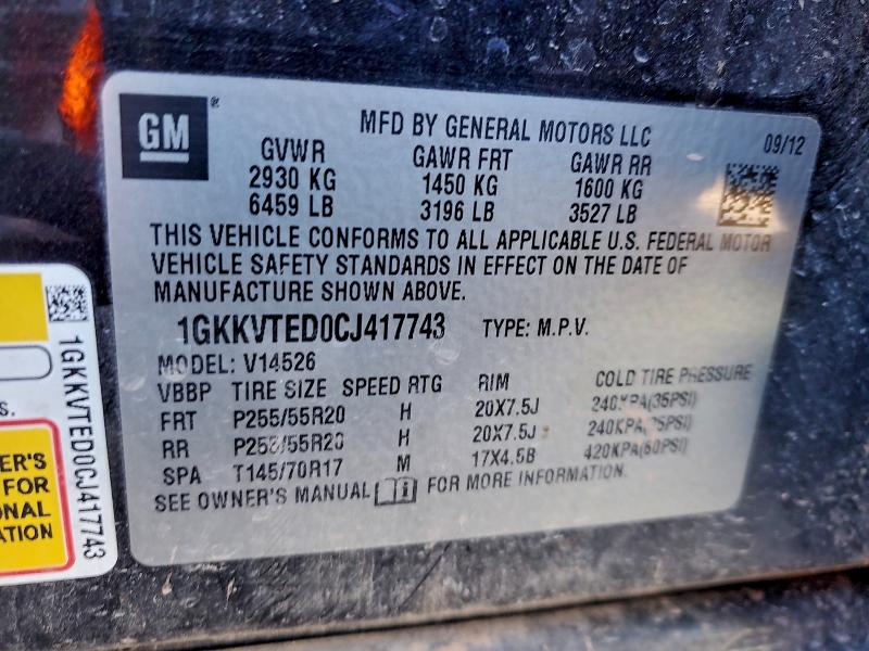 95786135 :رقم المزاد ، 1GKKVTED0CJ417743 vin ، 2012 Gmc Acadia مزاد بيع