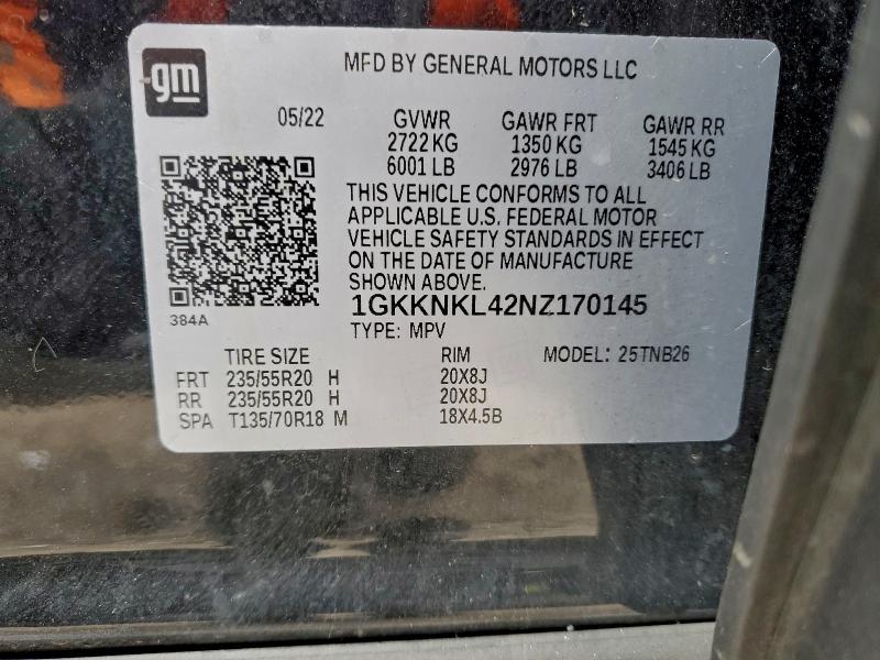 2022 Gmc Acadia Sle მანქანა იყიდება აუქციონზე, vin: 1GKKNKL42NZ170145, აუქციონის ნომერი: 97120065