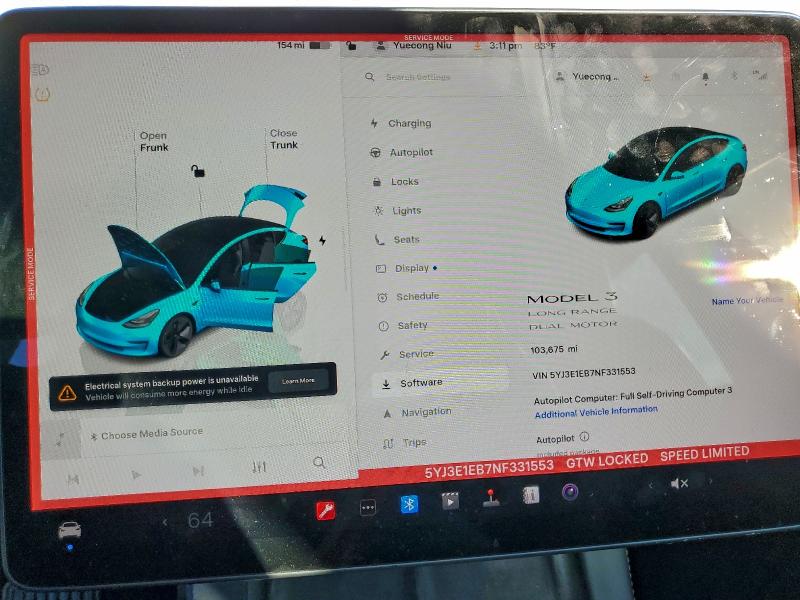 96493915 :رقم المزاد ، 5YJ3E1EB7NF331553 vin ، 2022 Tesla Model 3 مزاد بيع