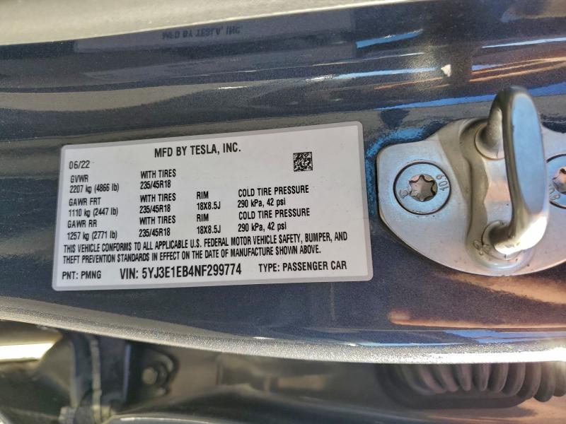 96075095 :رقم المزاد ، 5YJ3E1EB4NF299774 vin ، 2022 Tesla Model 3 مزاد بيع