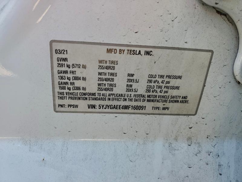 2021 Tesla Model Y მანქანა იყიდება აუქციონზე, vin: 5YJYGAEE4MF160091, აუქციონის ნომერი: 93749425