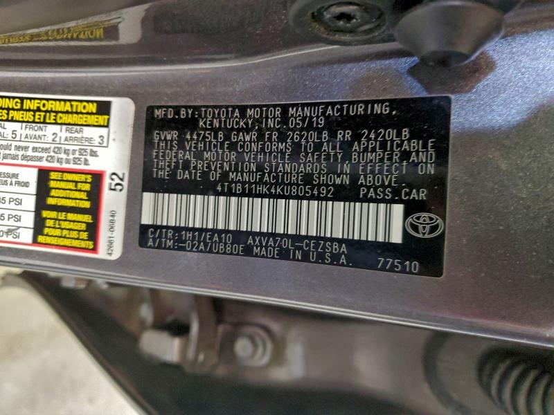 96549635 :رقم المزاد ، 4T1B11HK4KU805492 vin ، 2019 Toyota Camry مزاد بيع