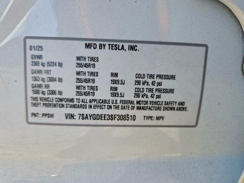 96744935 :رقم المزاد ، 7SAYGDEE3SF308510 vin ، 2025 Tesla Model Y مزاد بيع
