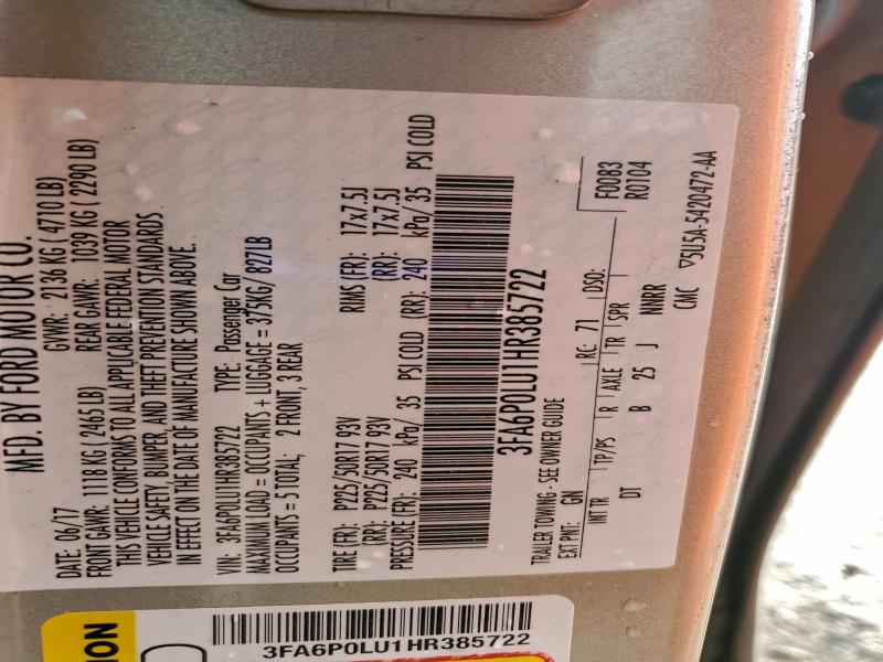 Aukcja sprzedaży 2017 Ford Fusion Se, vin: 3FA6P0LU1HR385722, numer aukcji: 97866895