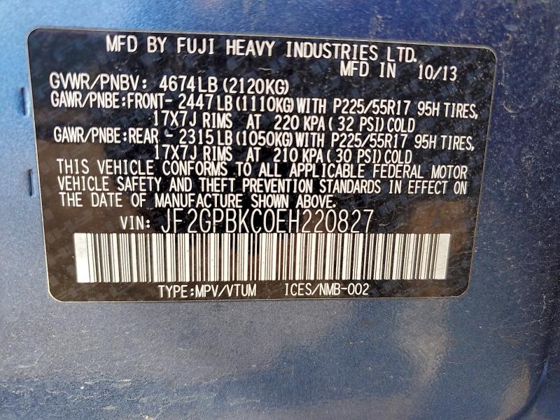 95000555 :رقم المزاد ، JF2GPBKC0EH220827 vin ، 2014 Subaru Xv Crosstr مزاد بيع