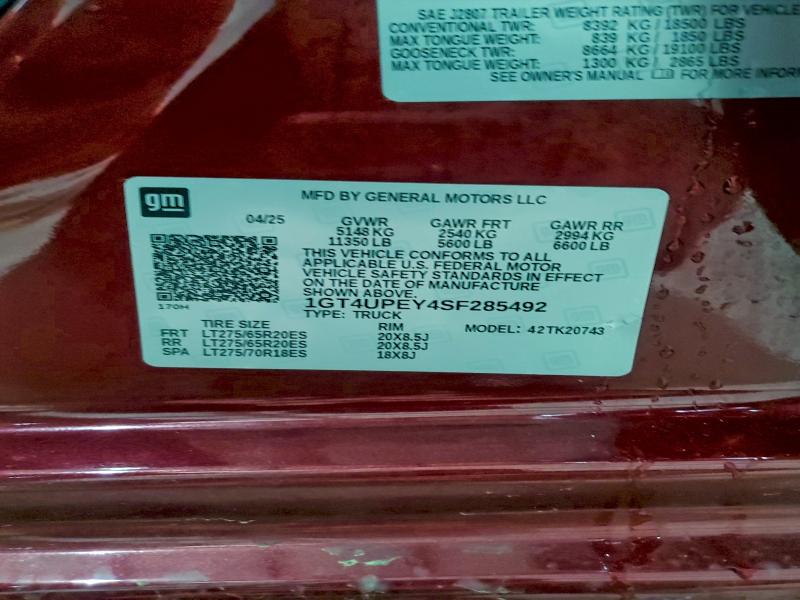 2025 Gmc Sierra მანქანა იყიდება აუქციონზე, vin: 1GT4UPEY4SF285492, აუქციონის ნომერი: 48808306