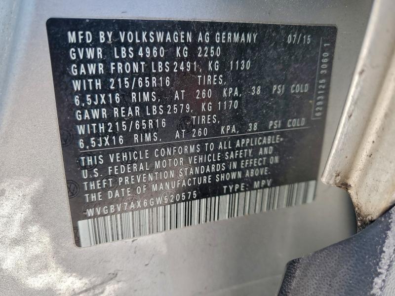 95954665 :رقم المزاد ، WVGBV7AX6GW520575 vin ، 2016 Volkswagen Tiguan مزاد بيع