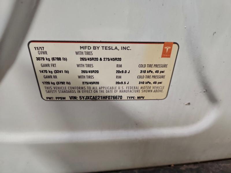 Продажа на аукционе авто 2017 Tesla Model X, vin: 5YJXCAE21HF076670, номер лота: 95141895