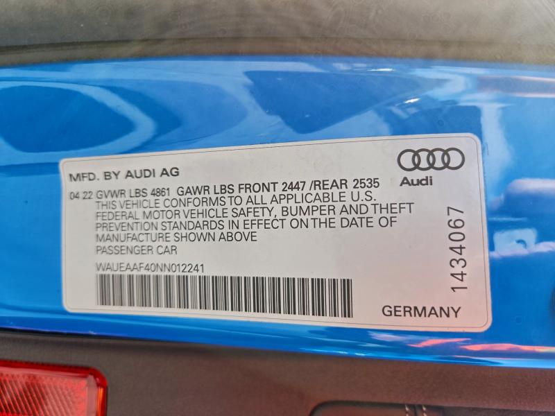Продажа на аукционе авто 2022 Audi A4, vin: WAUEAAF40NN012241, номер лота: 98077075
