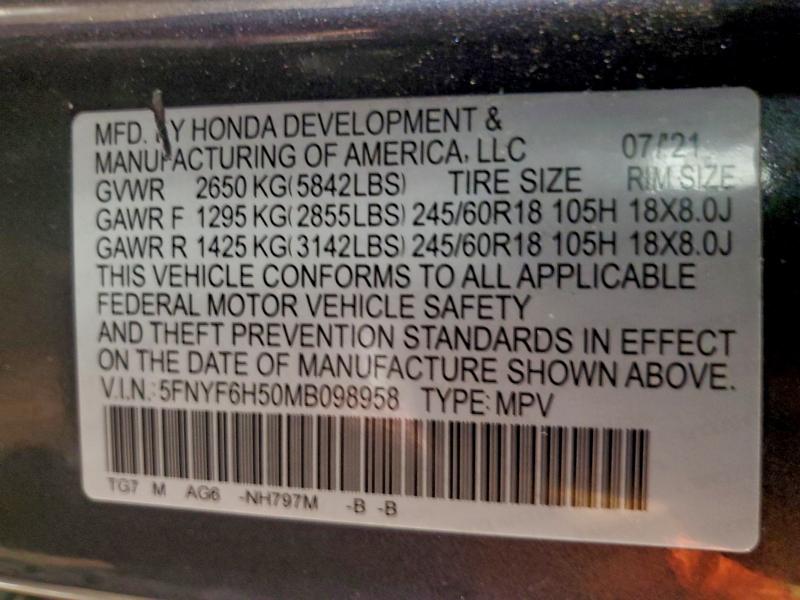 Aukcja sprzedaży 2021 Honda Pilot Exl, vin: 5FNYF6H50MB098958, numer aukcji: 98662585