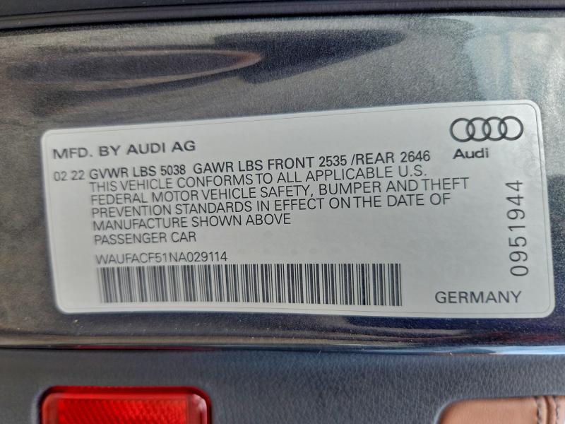 2022 Audi A5 Premium მანქანა იყიდება აუქციონზე, vin: WAUFACF51NA029114, აუქციონის ნომერი: 96611355