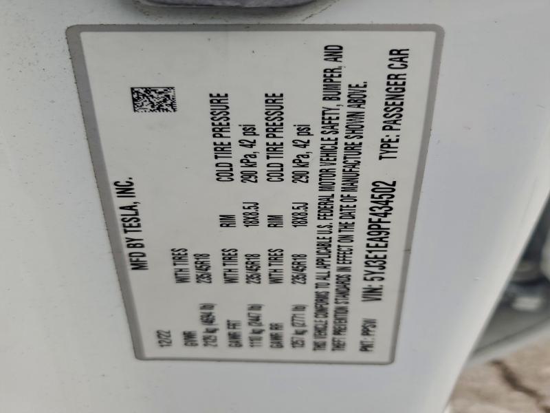 95284225 :رقم المزاد ، 5YJ3E1EA9PF434502 vin ، 2023 Tesla Model 3 مزاد بيع