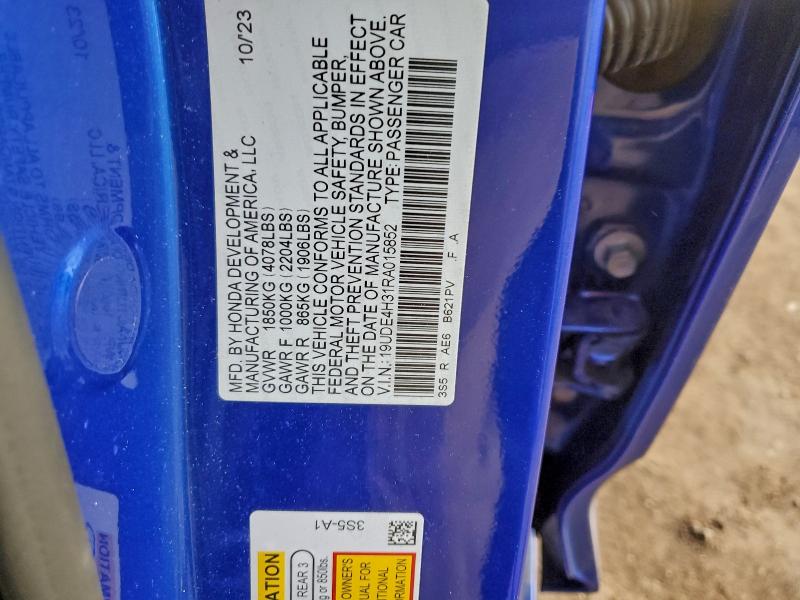 2024 Acura Integra A- მანქანა იყიდება აუქციონზე, vin: 19UDE4H31RA015852, აუქციონის ნომერი: 96961765