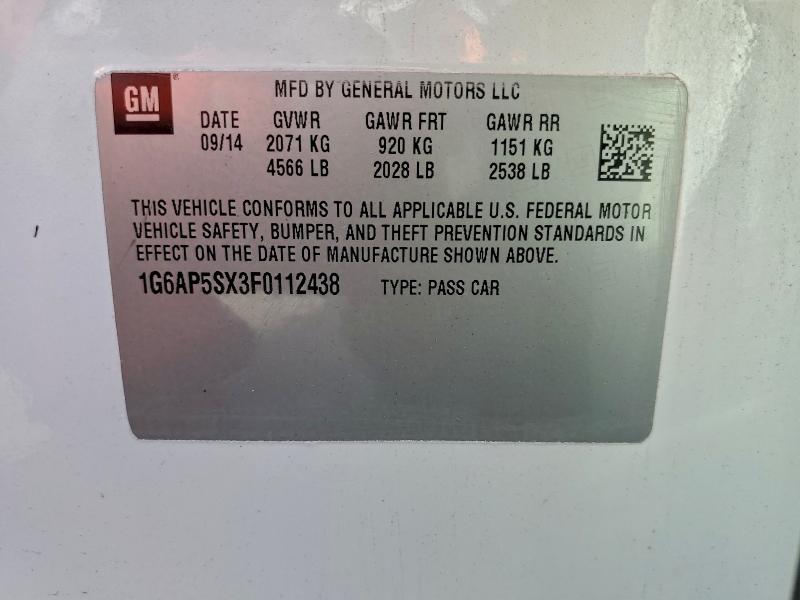 94937885 :رقم المزاد ، 1G6AP5SX3F0112438 vin ، 2015 Cadillac Cts مزاد بيع