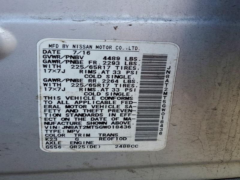 96763755 :رقم المزاد ، JN8AT2MT5GW018436 vin ، 2016 Nissan Rogue S مزاد بيع
