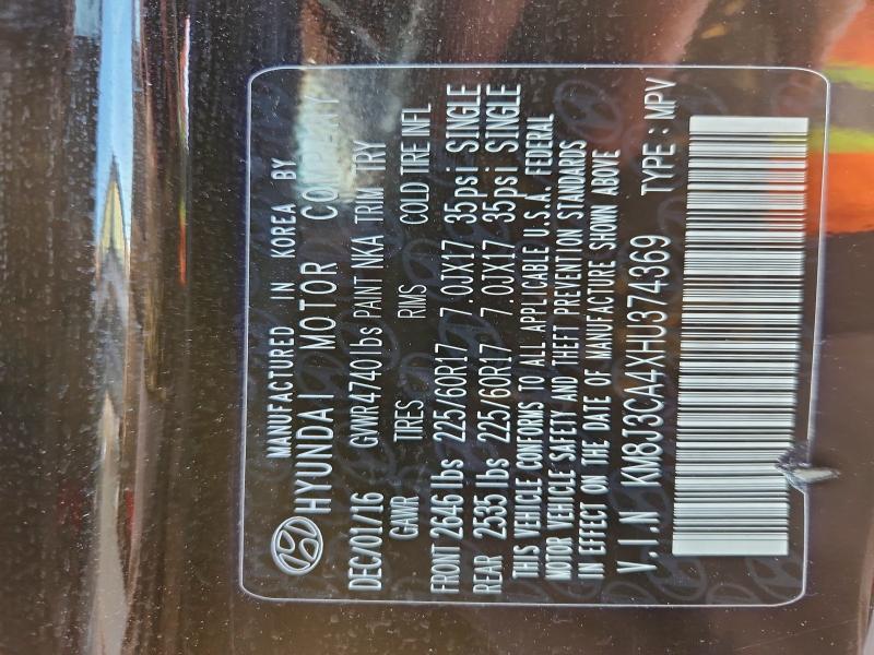 97238365 :رقم المزاد ، KM8J3CA4XHU374369 vin ، 2017 Hyundai Tucson مزاد بيع