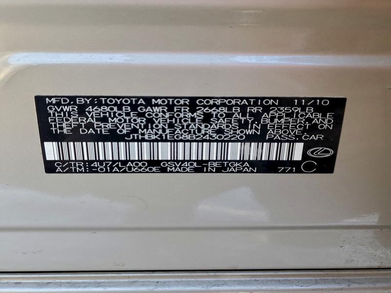 2011 Lexus Es მანქანა იყიდება აუქციონზე, vin: JTHBK1EG8B2430220, აუქციონის ნომერი: 97287055