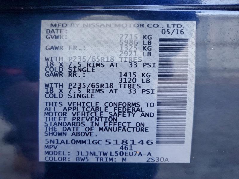 Aukcja sprzedaży 2016 Infiniti Qx60, vin: 5N1AL0MM1GC518146, numer aukcji: 96814275