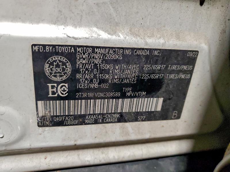 Продаж на аукціоні авто 2022 Toyota Rav4, vin: 2T3R1RFV0NC308589, номер лоту: 96141975
