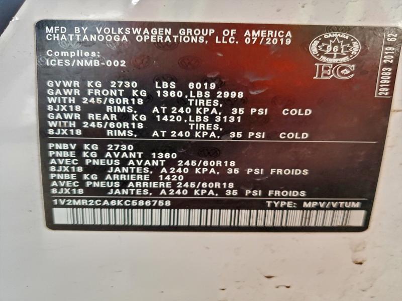 94566525 :رقم المزاد ، 1V2MR2CA6KC586758 vin ، 2019 Volkswagen Atlas مزاد بيع