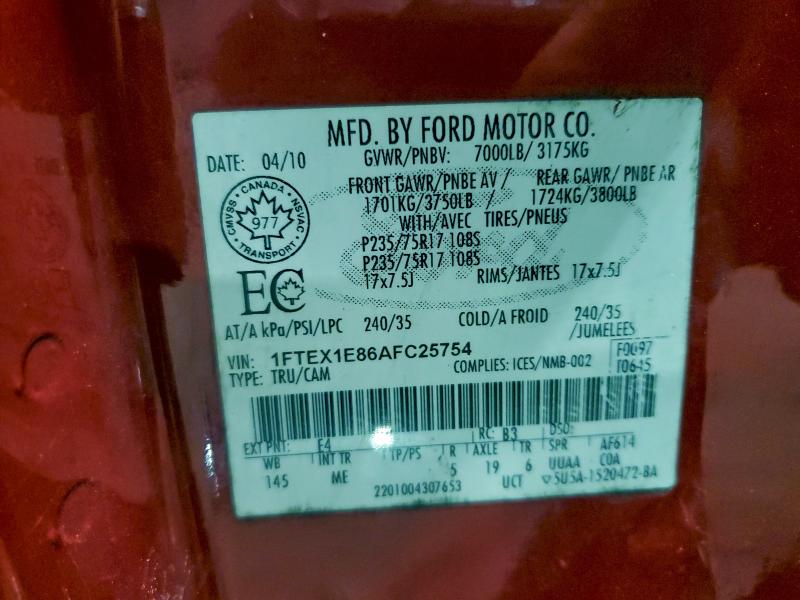 2010 Ford F150 მანქანა იყიდება აუქციონზე, vin: 1FTEX1E86AFC25754, აუქციონის ნომერი: 97377415