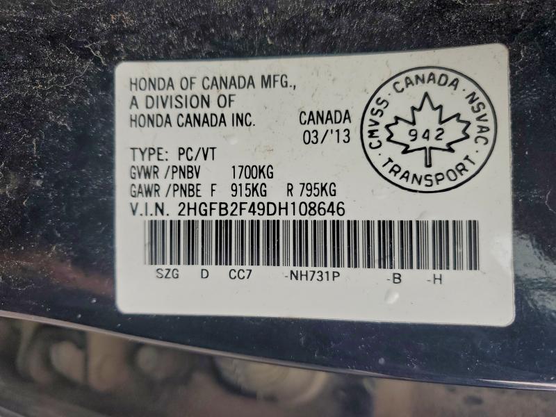 Продаж на аукціоні авто 2013 Honda Civic, vin: 2HGFB2F49DH108646, номер лоту: 95851045