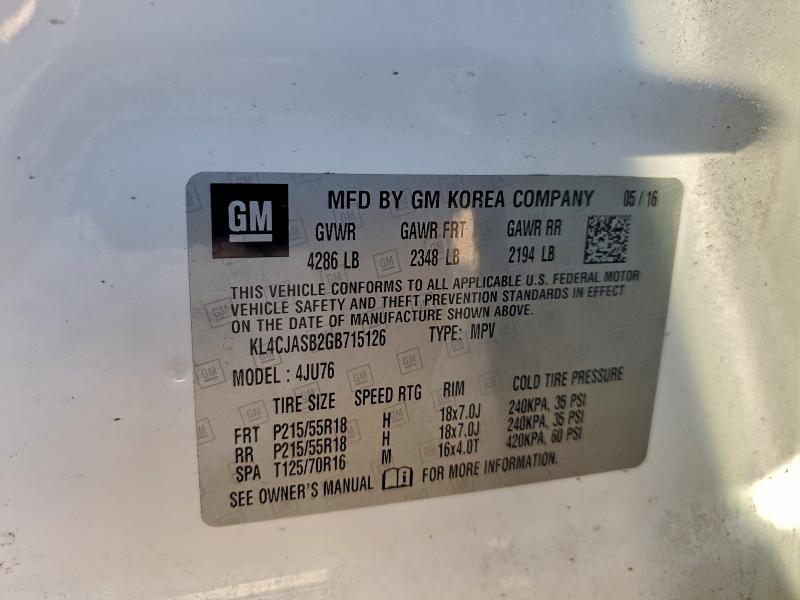 96233275 :رقم المزاد ، KL4CJASB2GB715126 vin ، 2016 Buick Encore مزاد بيع