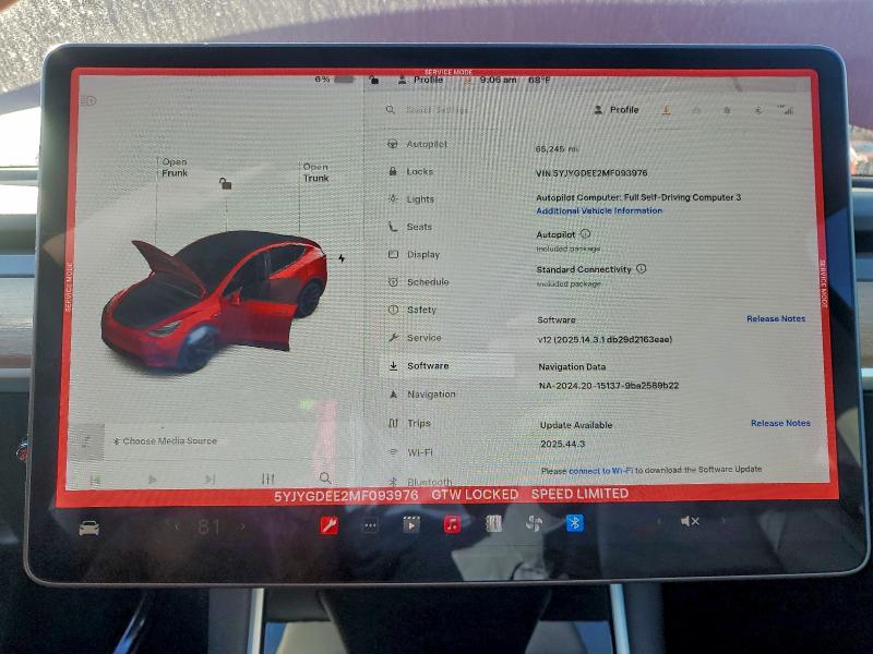 2021 Tesla Model Y მანქანა იყიდება აუქციონზე, vin: 5YJYGDEE2MF093976, აუქციონის ნომერი: 95941465