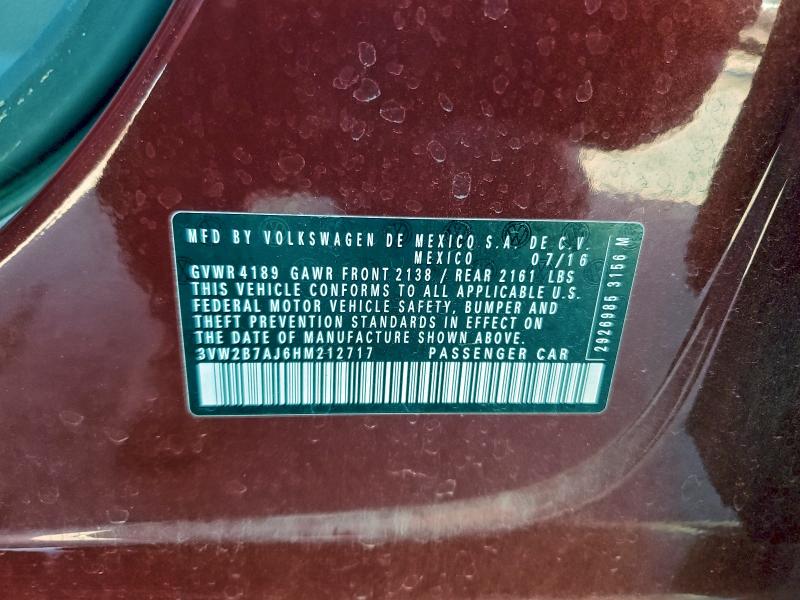 96189365 :رقم المزاد ، 3VW2B7AJ6HM212717 vin ، 2017 Volkswagen Jetta S مزاد بيع