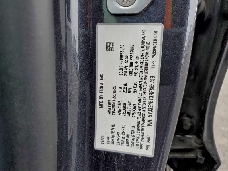 Aukcja sprzedaży 2024 Tesla Model 3, vin: 5YJ3E1ET3RF865759, numer aukcji: 97179525