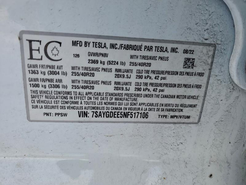 Продаж на аукціоні авто 2022 Tesla Model Y, vin: 7SAYGDEE5NF517106, номер лоту: 95261035