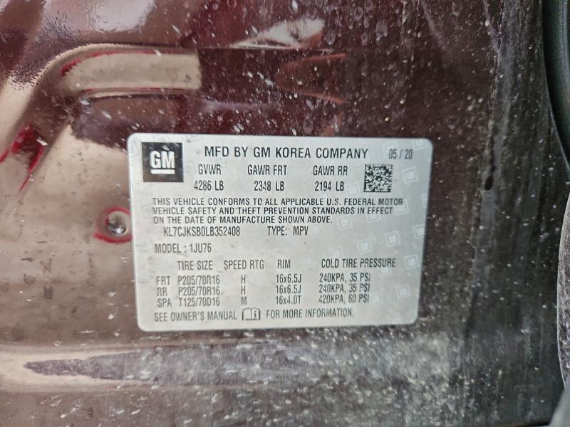 2020 Chevrolet Trax Ls მანქანა იყიდება აუქციონზე, vin: KL7CJKSB0LB352408, აუქციონის ნომერი: 96356015