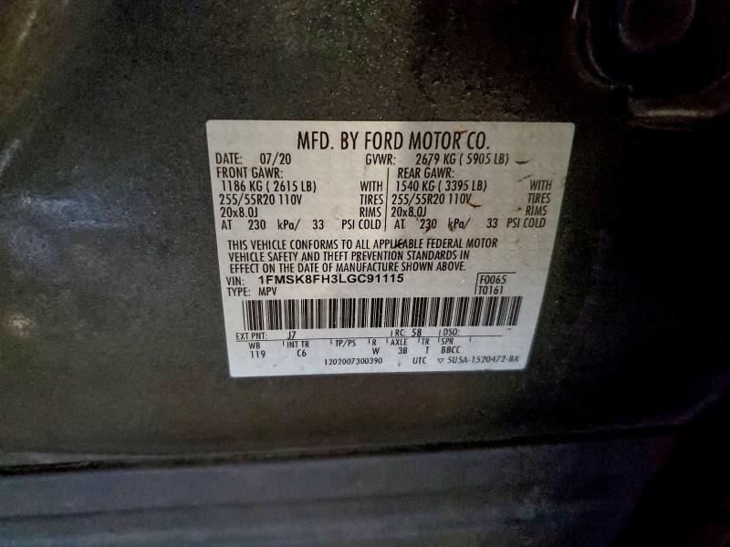 2020 Ford Explorer L მანქანა იყიდება აუქციონზე, vin: 1FMSK8FH3LGC91115, აუქციონის ნომერი: 94141015