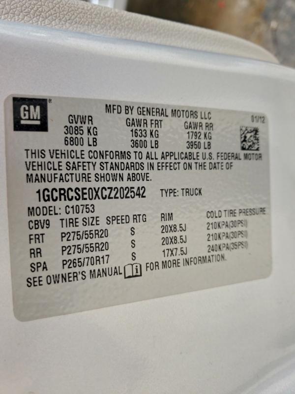 97918705 :رقم المزاد ، 1GCRCSE0XCZ202542 vin ، 2012 Chevrolet Silverado مزاد بيع