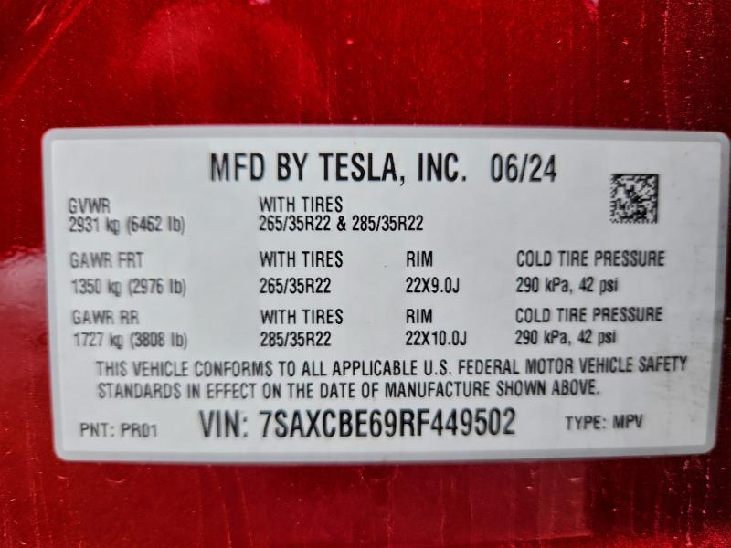 95418375 :رقم المزاد ، 7SAXCBE69RF449502 vin ، 2024 Tesla Model X مزاد بيع