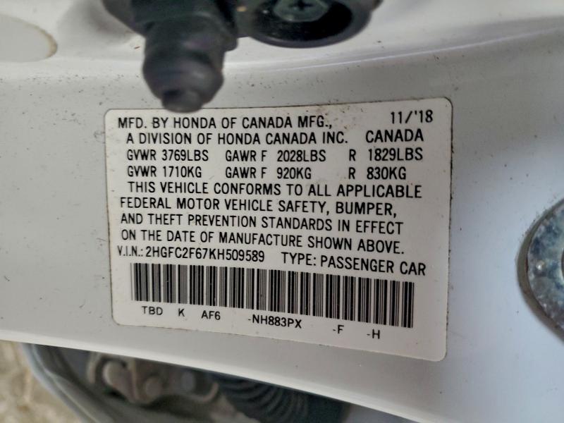 2019 Honda Civic მანქანა იყიდება აუქციონზე, vin: 2HGFC2F67KH509589, აუქციონის ნომერი: 97770795