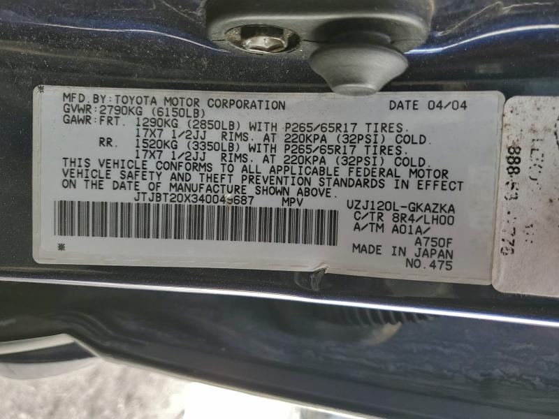 Aukcja sprzedaży 2004 Lexus Gx 470, vin: JTJBT20X340049687, numer aukcji: 95415555